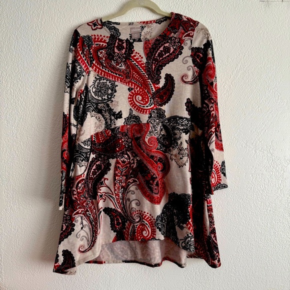 Chico's Tops - Chico’s Sweater Tunic Size 0 Small Medium Lightweight Paisley Red Neutral Pocket
